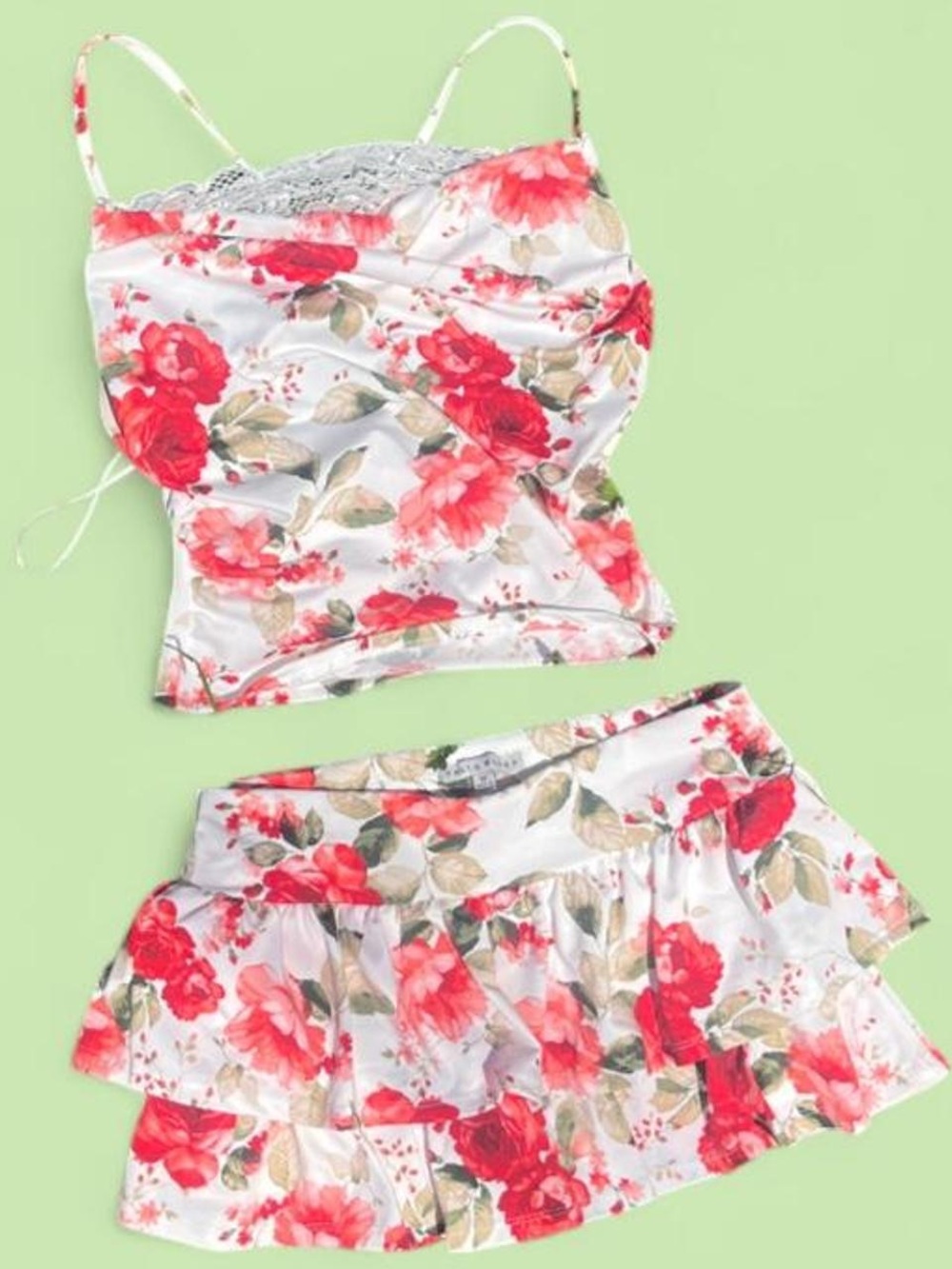 Haute Monde 2 piece set Floral Ruched Top Ruffle Tiered Mini Skort